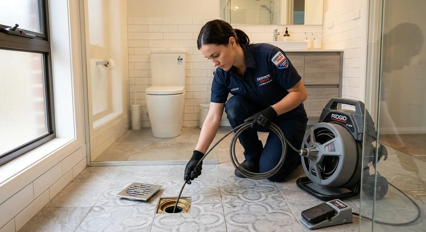 Technician clearing a bathroom floor drain for Drain Cleaning in Blakely